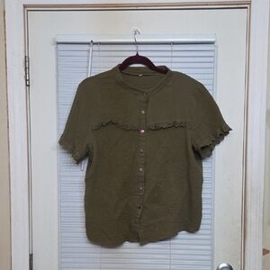 Chic Olive Button-Down Shirt with Ruffle Accents